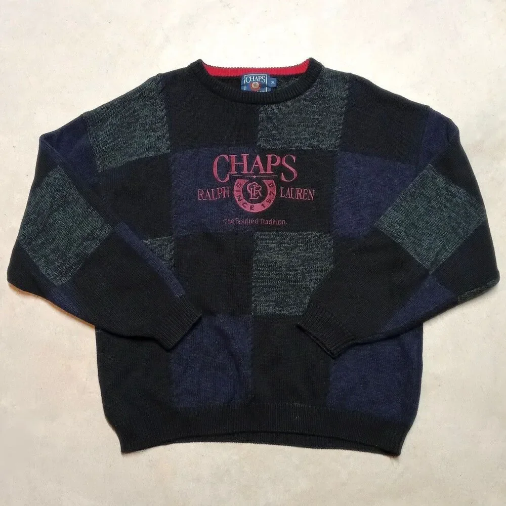 Vintage 90s Chaps Polo Ralph Lauren Knit Sweater Size XL Big Crest Logo Spellout
